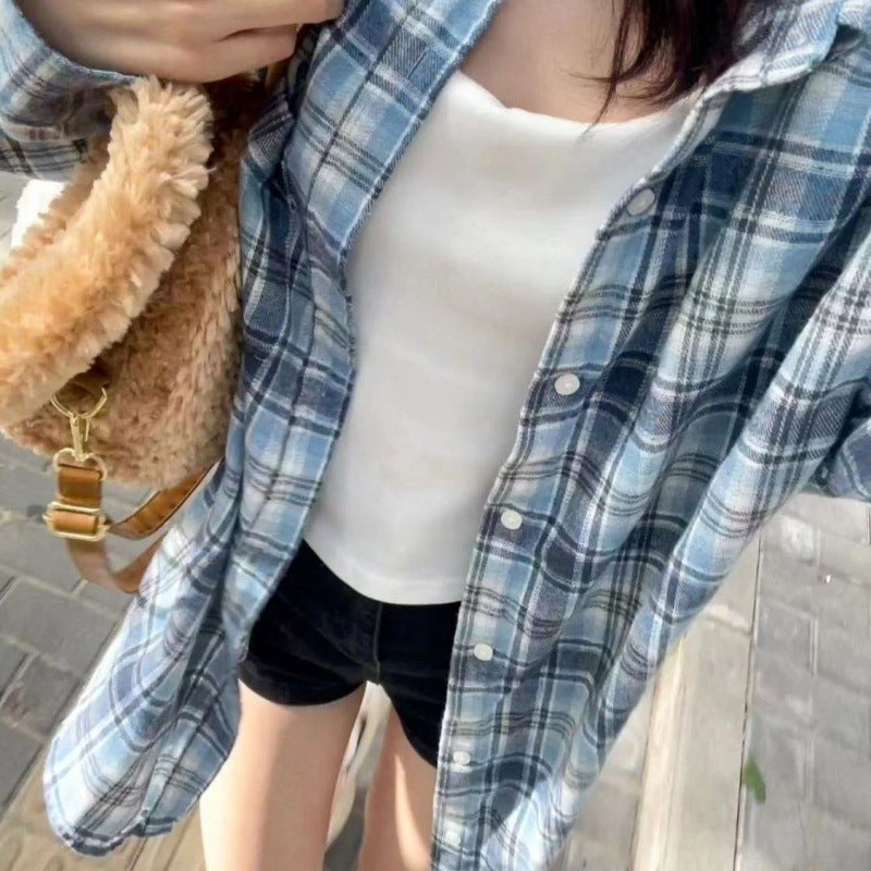 Fashionable Blue Plaid Shirt For Women - Plush Fashions Shop 