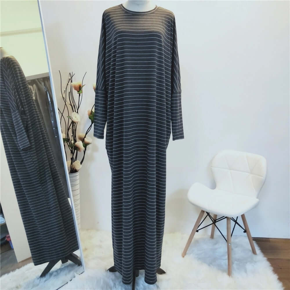 Large Women's Fashion Comfortable Bat Long Sleeve Stripe Casual Long Dress - Plush Fashions Shop 