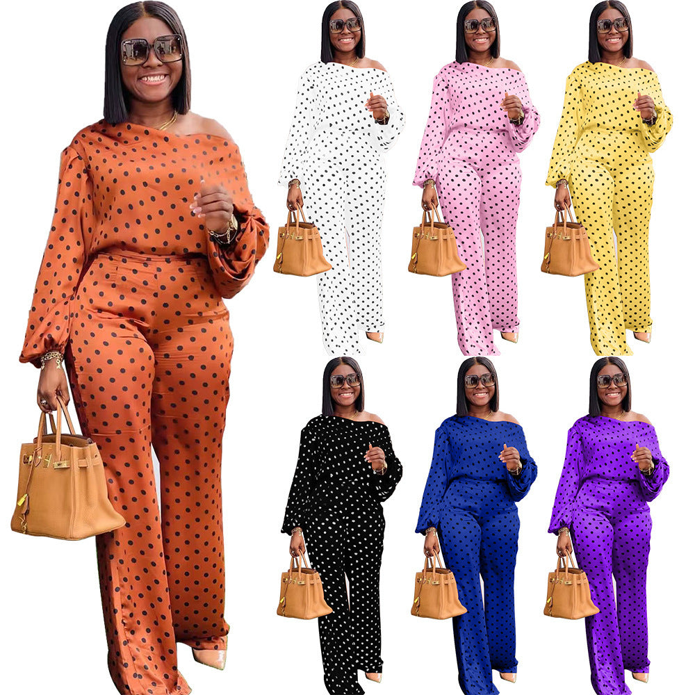 Polka Dot Printed Long-sleeved Trousers Casual Fashion Loose Shoulder Suit - Plush Fashions Shop 