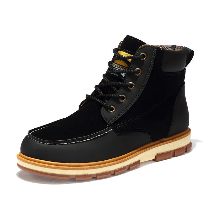 Fashion Military Boots High-Top Tooling Shoes Men's Short Boots with flat heel and car suture detailing.