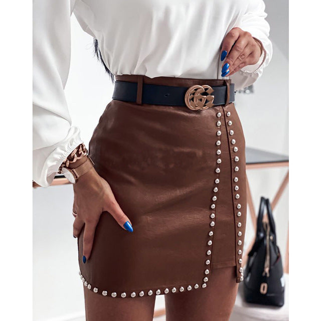 Elegant Fashion Rivets PU Leather Skirts Women - Plush Fashions Shop 