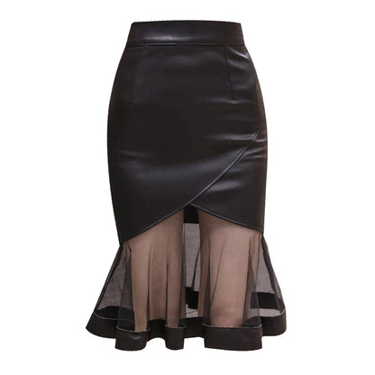 Leather Skirt Women Autumn Long Mesh Splicing Skirt - Plush Fashions Shop 