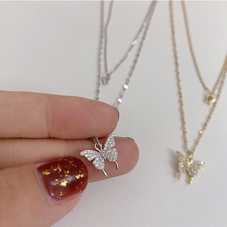 Fashion Jewelry Elegant Silver Color Shiny Butterfly Necklaces Ladies Exquisite Double Layer Clavicle Chain Necklace Jewelry Gift - Plush Fashions Shop 