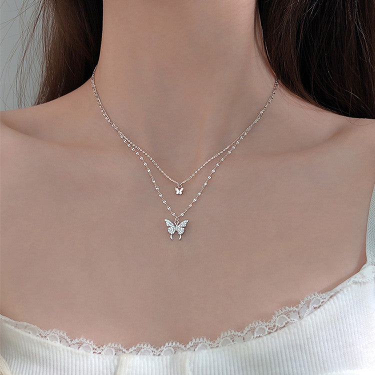 Fashion Jewelry Elegant Silver Color Shiny Butterfly Necklaces Ladies Exquisite Double Layer Clavicle Chain Necklace Jewelry Gift - Plush Fashions Shop 