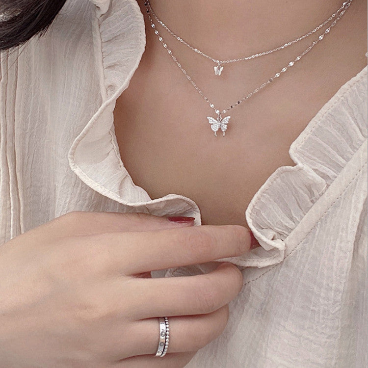 Fashion Jewelry Elegant Silver Color Shiny Butterfly Necklaces Ladies Exquisite Double Layer Clavicle Chain Necklace Jewelry Gift - Plush Fashions Shop 