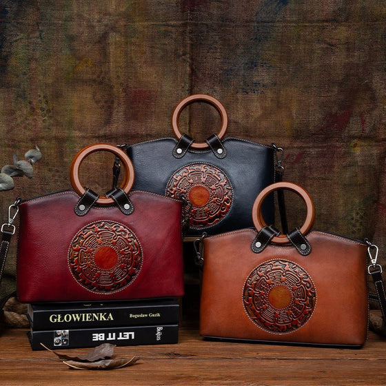 Affordable luxury handbags in European and American retro design with embossed geometric pattern and retro brown color.