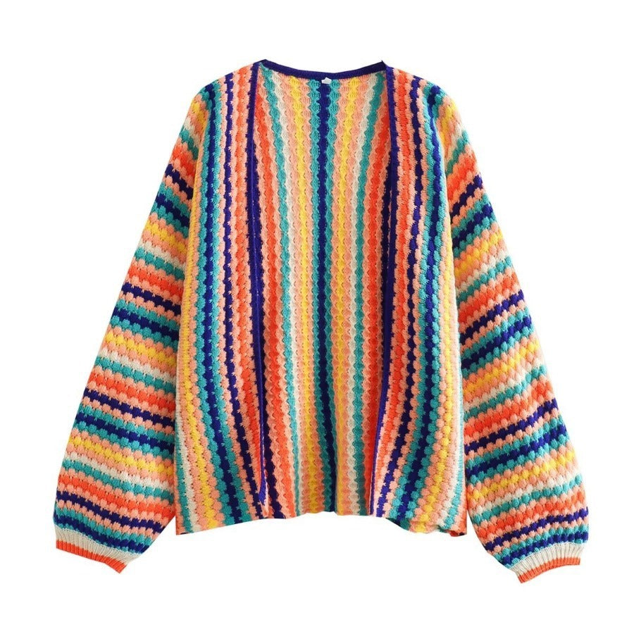 Autumn New Rainbow Long Sleeve Wide Songou Meibo Sweater - Plush Fashions Shop 