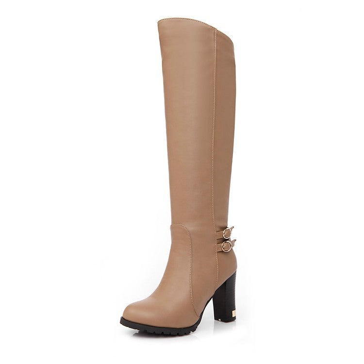 High heel women's leather knight boots in beige with belt buckle and side zipper, perfect for stylish occasions.