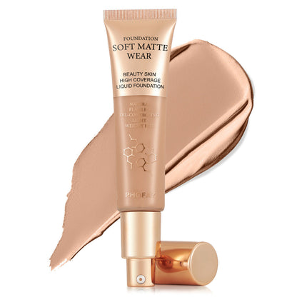 PHOFAY Full Coverage Foundation tube with creamy swatch, offering a lightweight and oil-controlling formula for a flawless complexion.