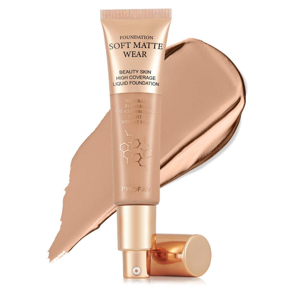 PHOFAY Full Coverage Foundation tube with swatch showing soft matte finish.