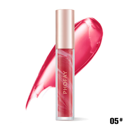 PHOFAY Rose Blooming Hydrating Lip Gloss with vivid pink swatch and elegant packaging.