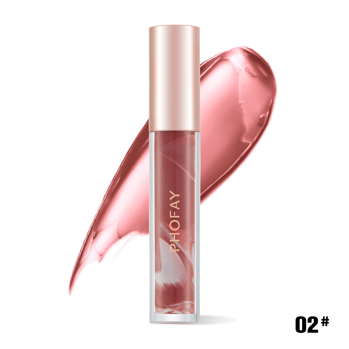 PHOFAY Rose Blooming Hydrating Lip Gloss with pink swatch in background.