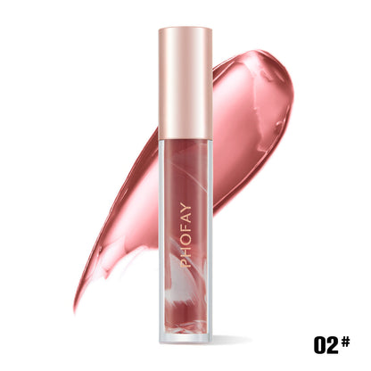 PHOFAY Rose Blooming Hydrating Lip Gloss with pink swatch in background.