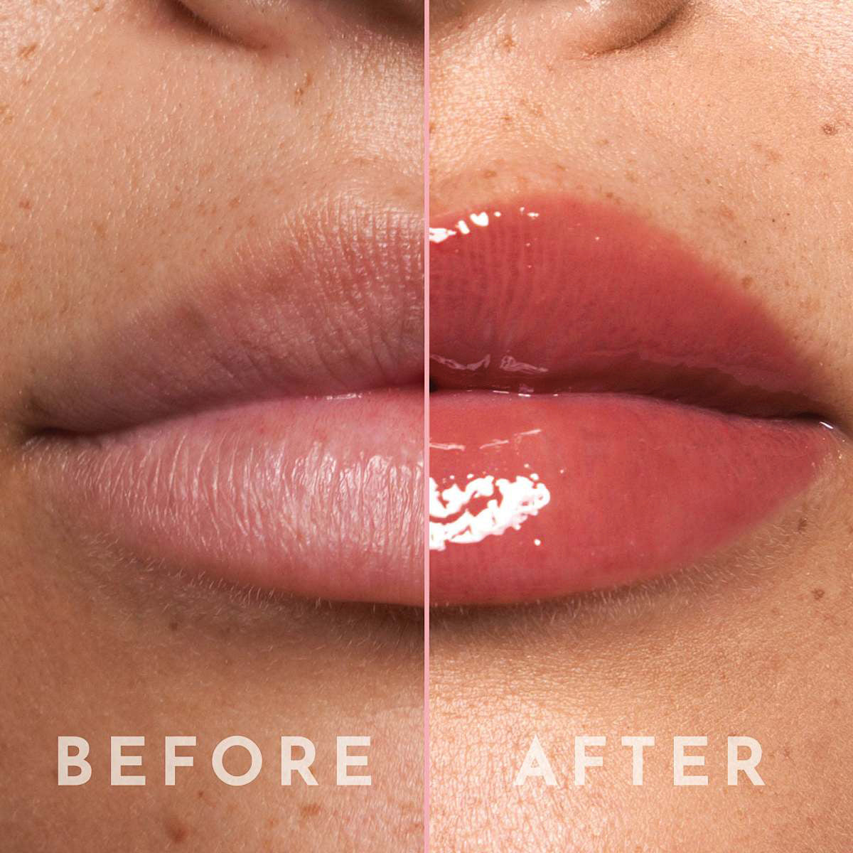 Before and after application of PHOFAY Rose Blooming Hydrating Lip Gloss showing smooth, hydrated lips.