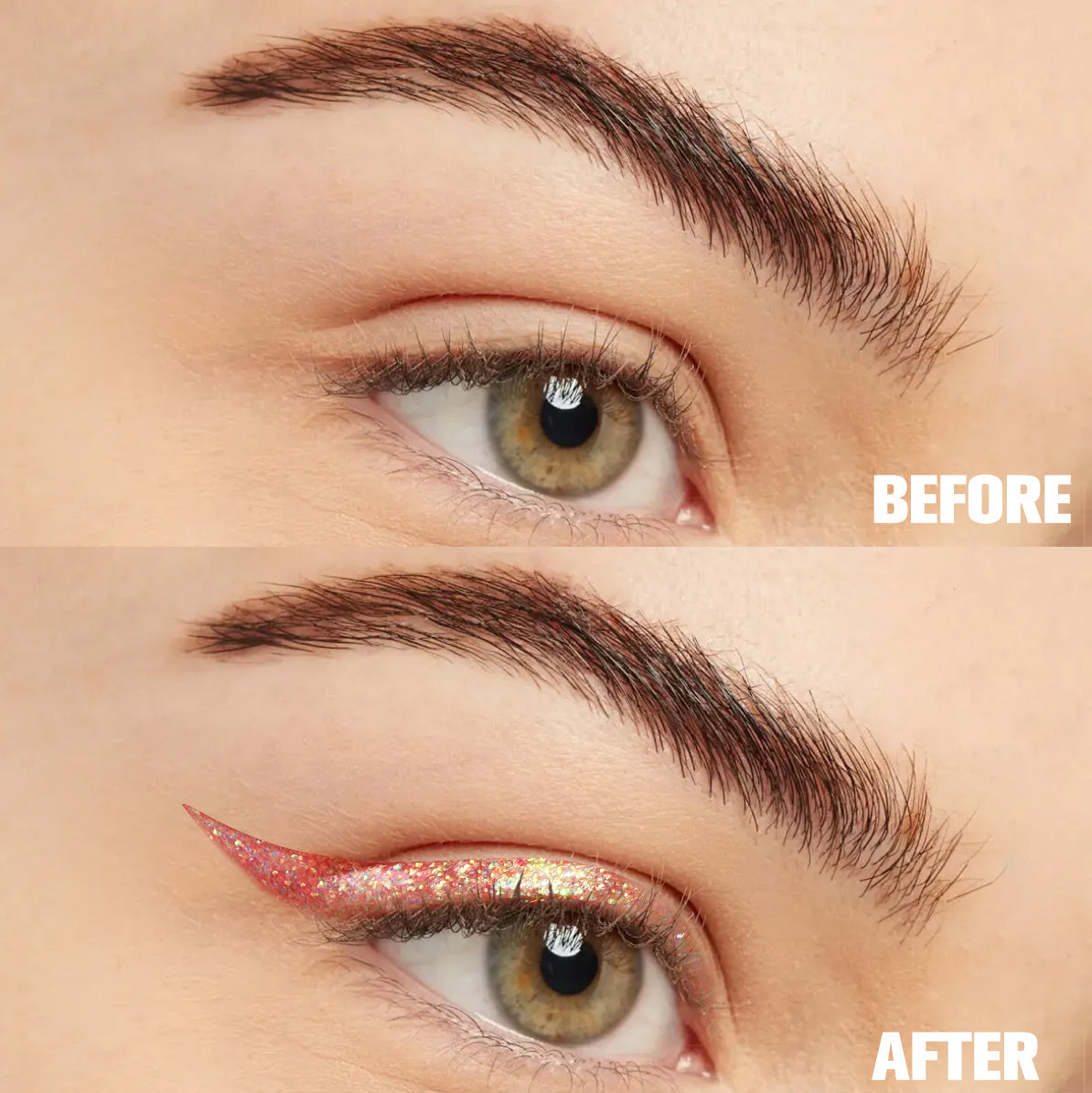 Before and after photo showing a dramatic transformation using PHOFAY Liquid Glitter Eyeliner Set with shimmering eyeliner applied.