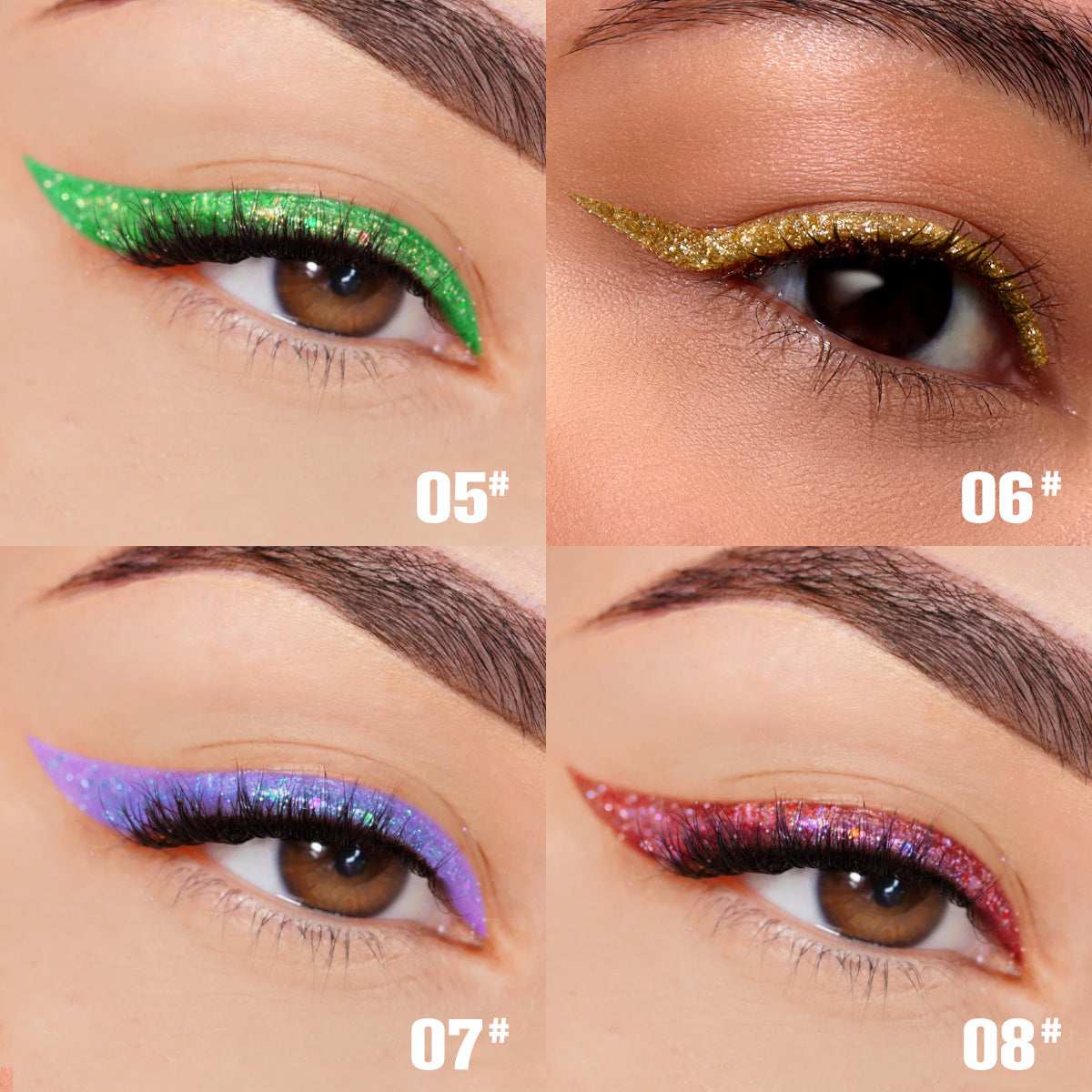 PHOFAY Liquid Glitter Eyeliner Set in 8 vibrant shades displayed on eyes.