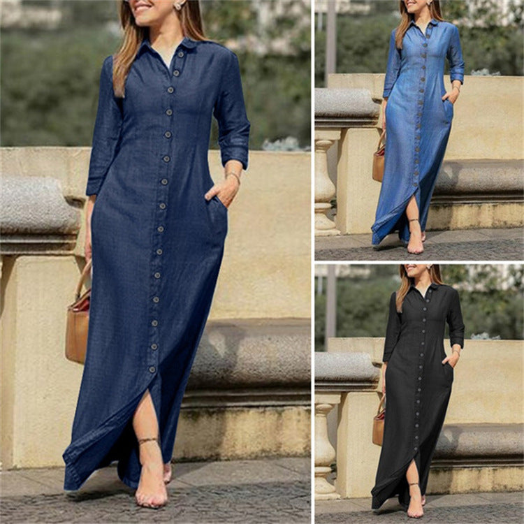 Shirt Collar Denim Button Maxi Dress - Plush Fashions Shop 