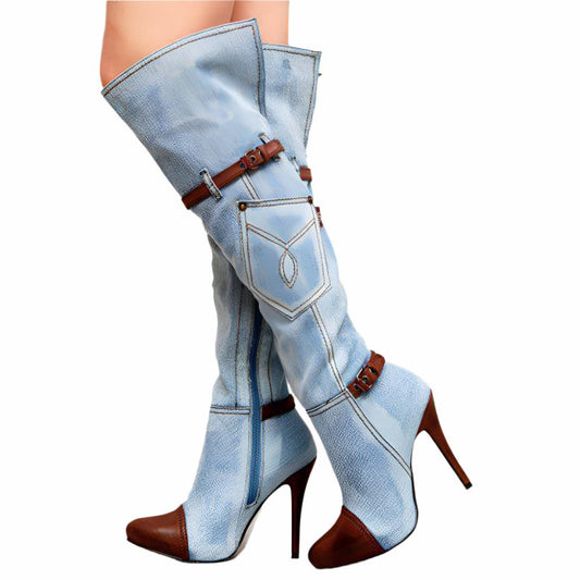 Women's knee-high denim plus size boots with high heels and stylish buckle detail. Perfect for elevating any outfit.