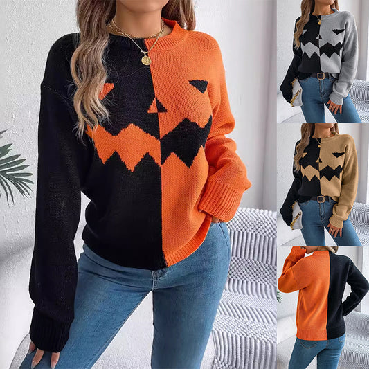 Halloween Contrast-Color Pullover Sweaters For Women