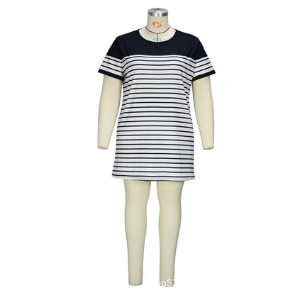 Simple Casual Style Classic Striped Regular Round Neck Short Sleeve One-step Short Skirt - Plush Fashions Shop 