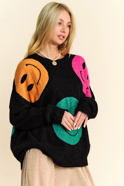 Women's Contrast Smile Round Neck Oversize Sweater