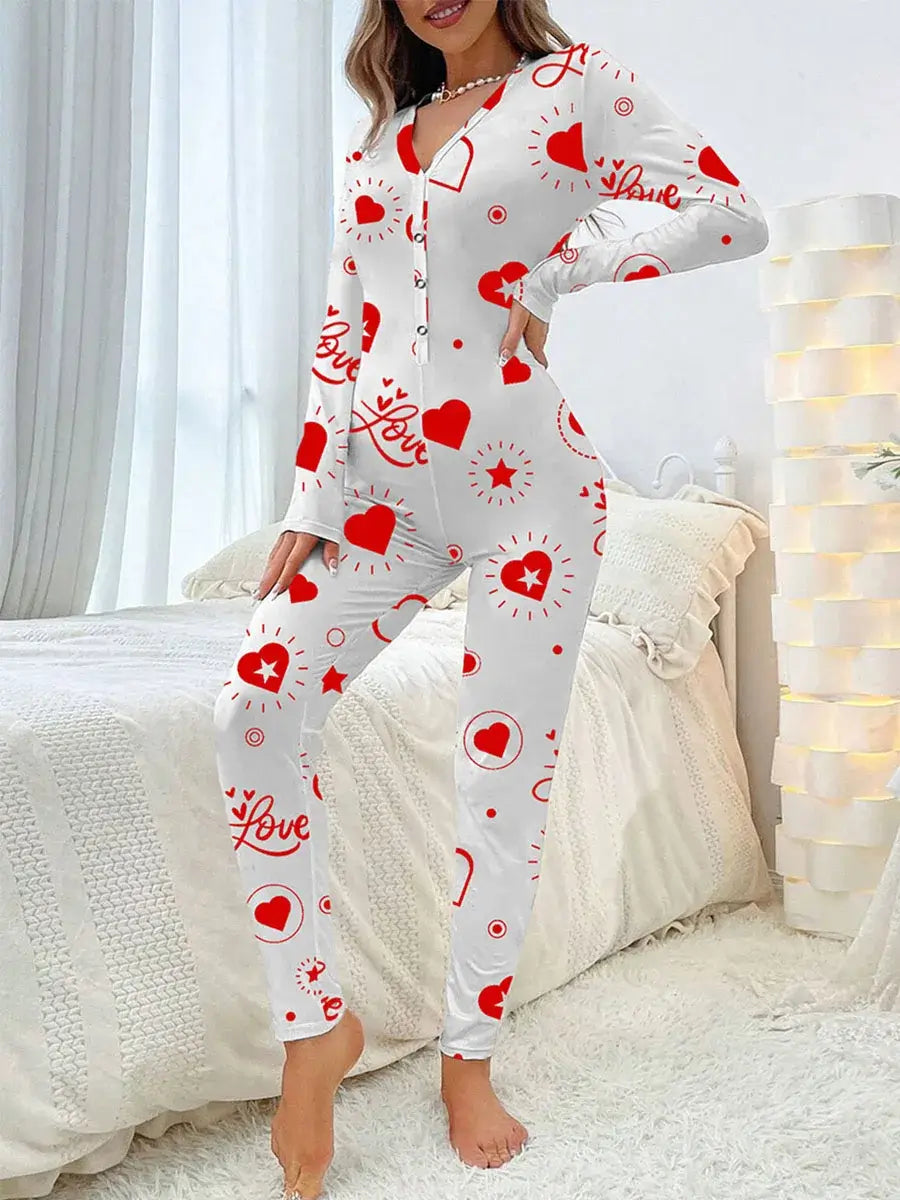 Women Jumpsuit Long Sleeve V Neck Button Closure Letters Heart Print Loungewear Sleepwear