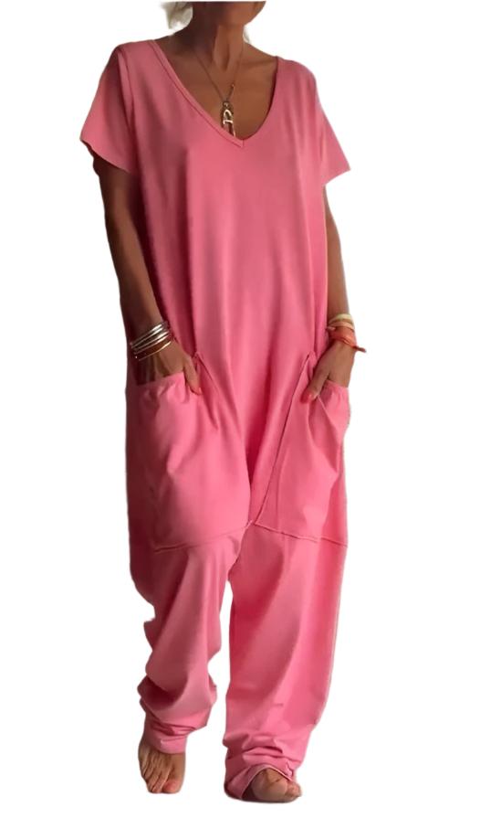 Womens Solid Color V-neck Oversized Pocket Jumpsuit - Plush Fashions Shop 