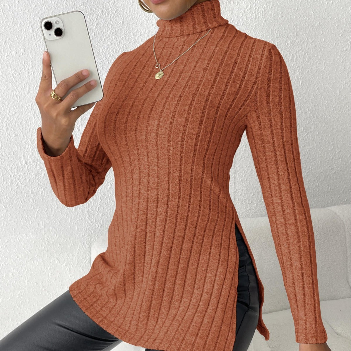 Women's turtleneck pullover clothing sweater in flower gray velvet, featuring a regular fit and mid-length design.