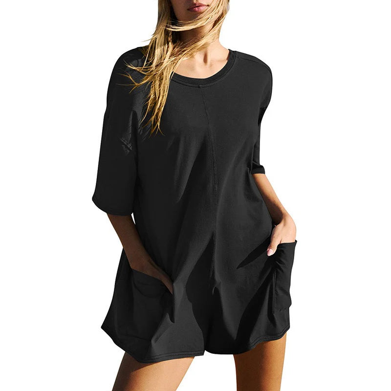 Women's Casual Short Sleeve Athletic Workout Romper with Deep Pockets