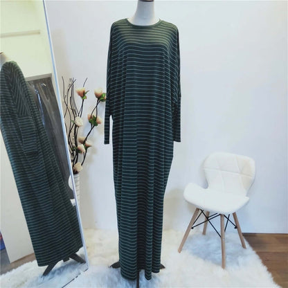 Large Women's Fashion Comfortable Bat Long Sleeve Stripe Casual Long Dress - Plush Fashions Shop 