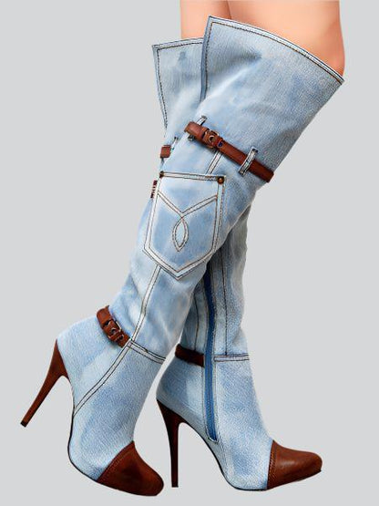 Stylish women's knee-high denim boots with high heels and trendy belt buckle detail. Perfect for elevating any outfit.