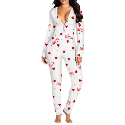 Women Jumpsuit Long Sleeve V Neck Button Closure Letters Heart Print Loungewear Sleepwear