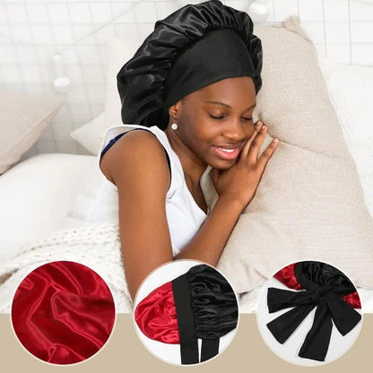 "AWAYTR Double Layered Satin Night Caps for Women - Silk Bonnet Hair Care Sleeping Hat with Elastic Tie Band"