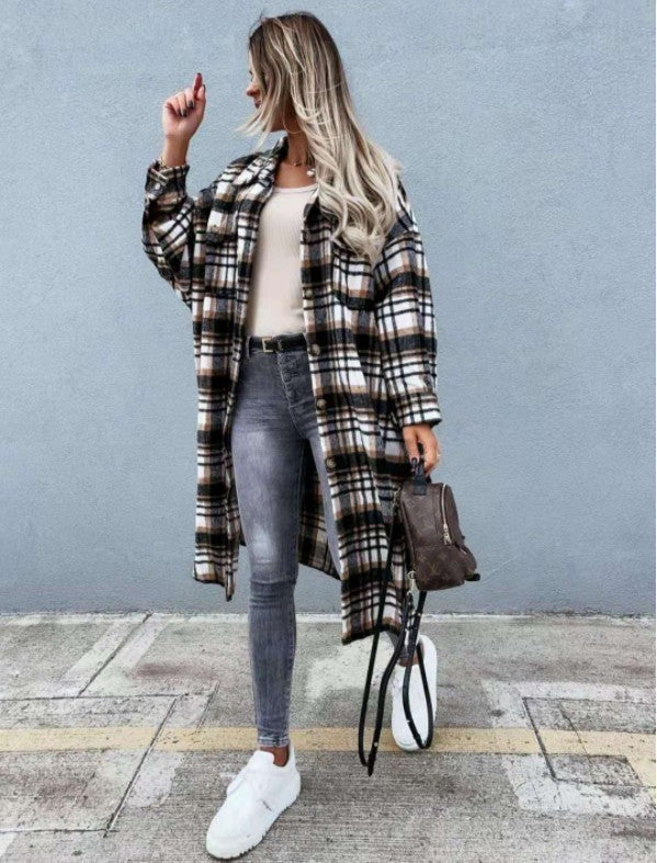 New Style Lengthened Plaid Shirt Women's Clothing - Plush Fashions Shop 