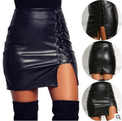 Black Lace Up PU Leather Skirts - Plush Fashions Shop 