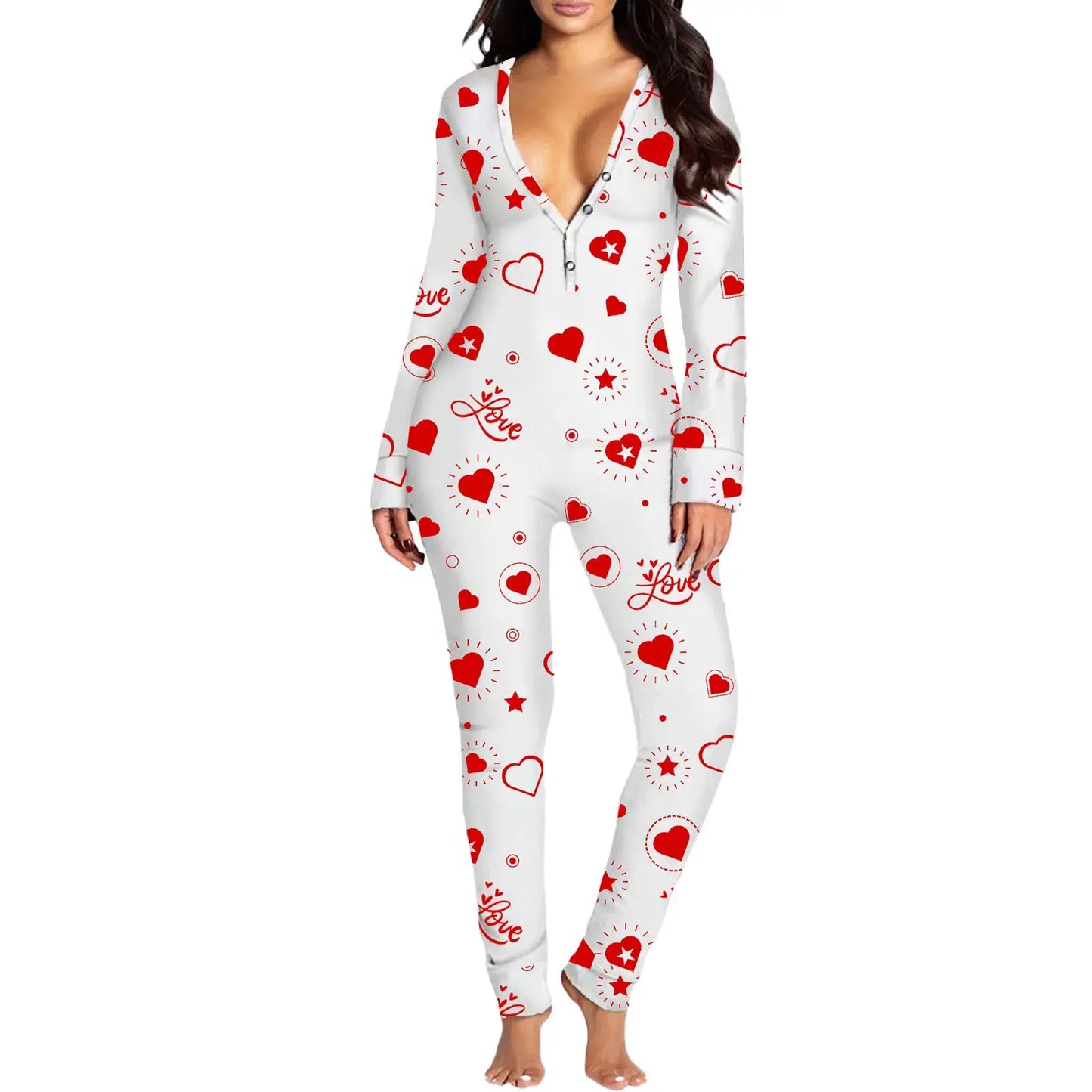 Women Jumpsuit Long Sleeve V Neck Button Closure Letters Heart Print Loungewear Sleepwear