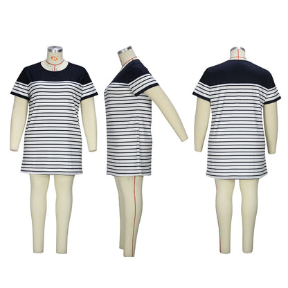 Simple Casual Style Classic Striped Regular Round Neck Short Sleeve One-step Short Skirt - Plush Fashions Shop 