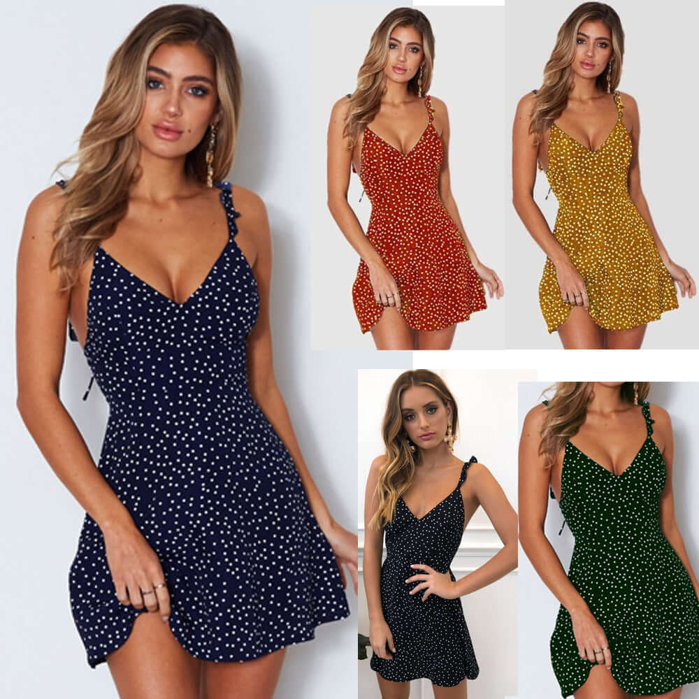 Polka-dot Strappy Dress Women Summer Fashion Beach Sundress - Plush Fashions Shop 