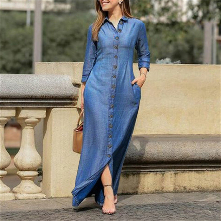 Shirt Collar Denim Button Maxi Dress - Plush Fashions Shop 