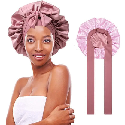 "AWAYTR Double Layered Satin Night Caps for Women - Silk Bonnet Hair Care Sleeping Hat with Elastic Tie Band"