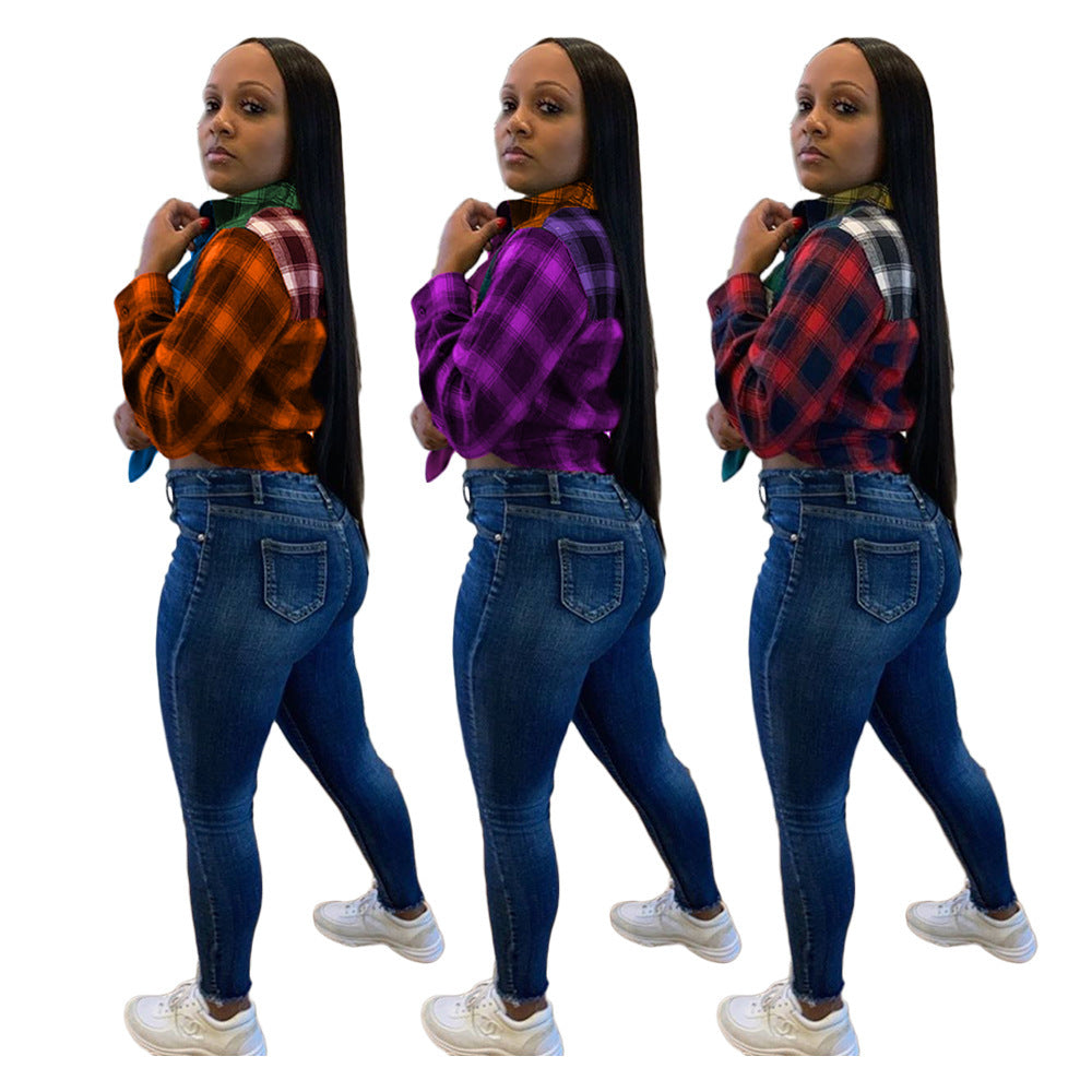 Plaid stitching long sleeve plus size women's clothing - Plush Fashions Shop 