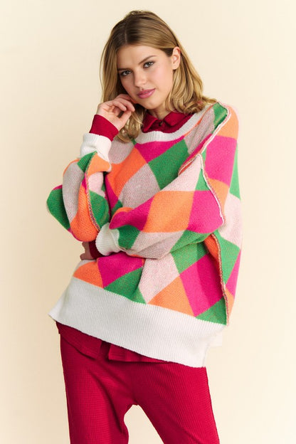 Davi & Dani Exposed Seam Color Block  Sweater