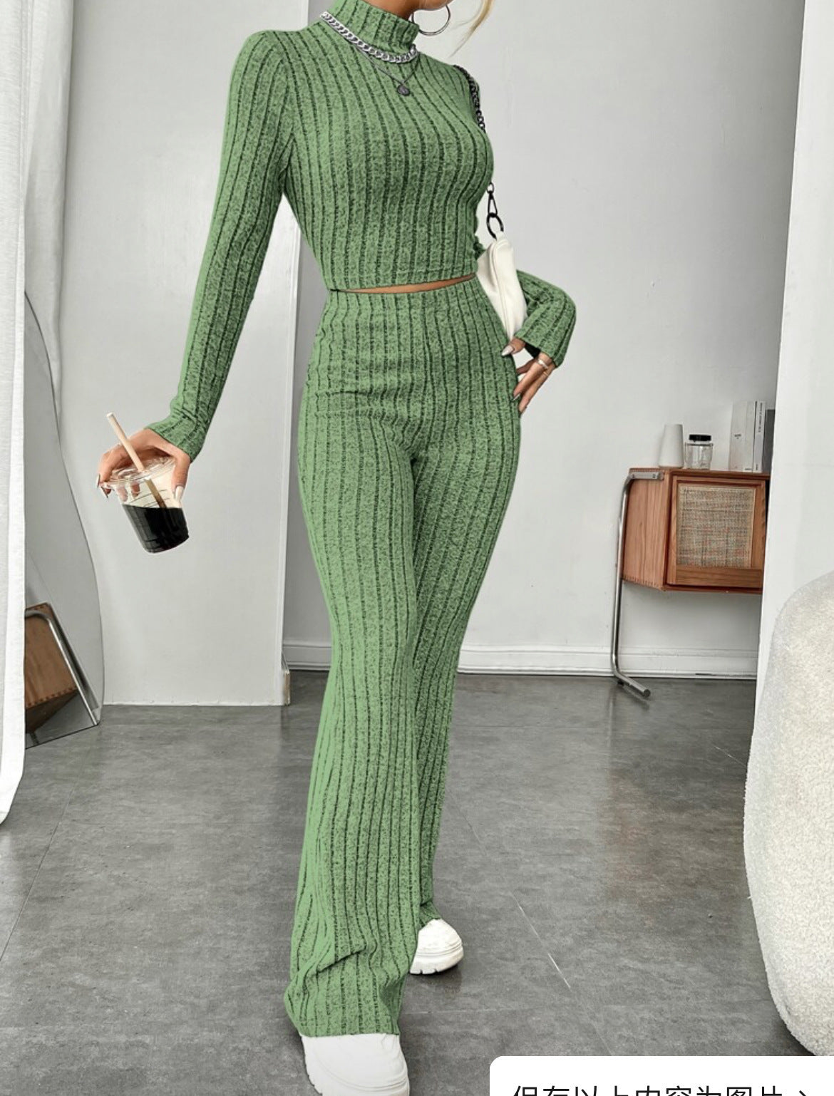 Long Sleeve Turtleneck Wide Leg High Waist Pants Suit - Plush Fashions Shop 