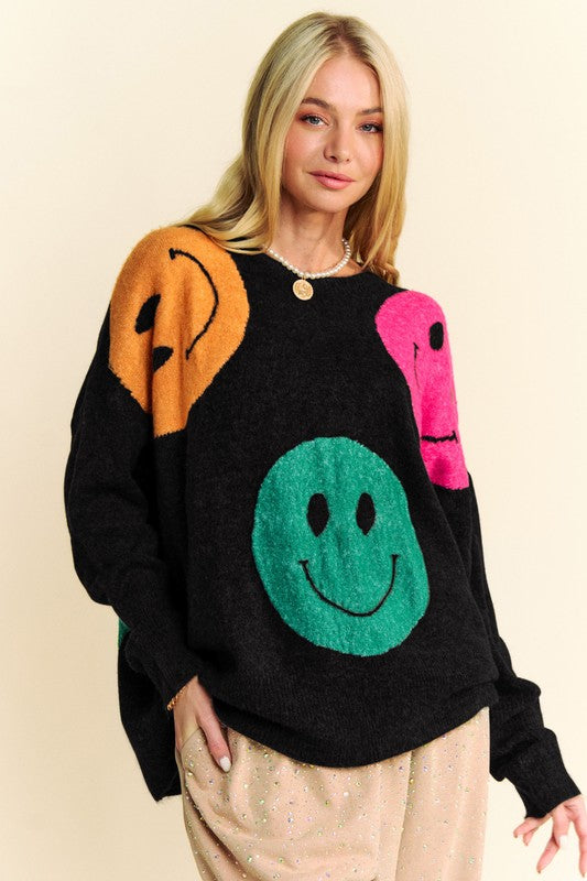 Women's Contrast Smile Round Neck Oversize Sweater