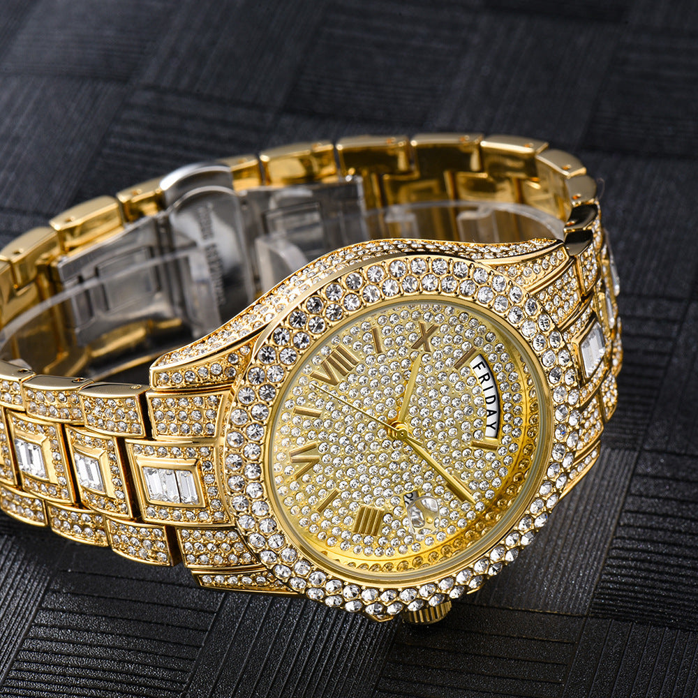 Outside The Watch Fashionable High-end Double Calendar Business Full Diamond Quartz - Plush Fashions Shop 