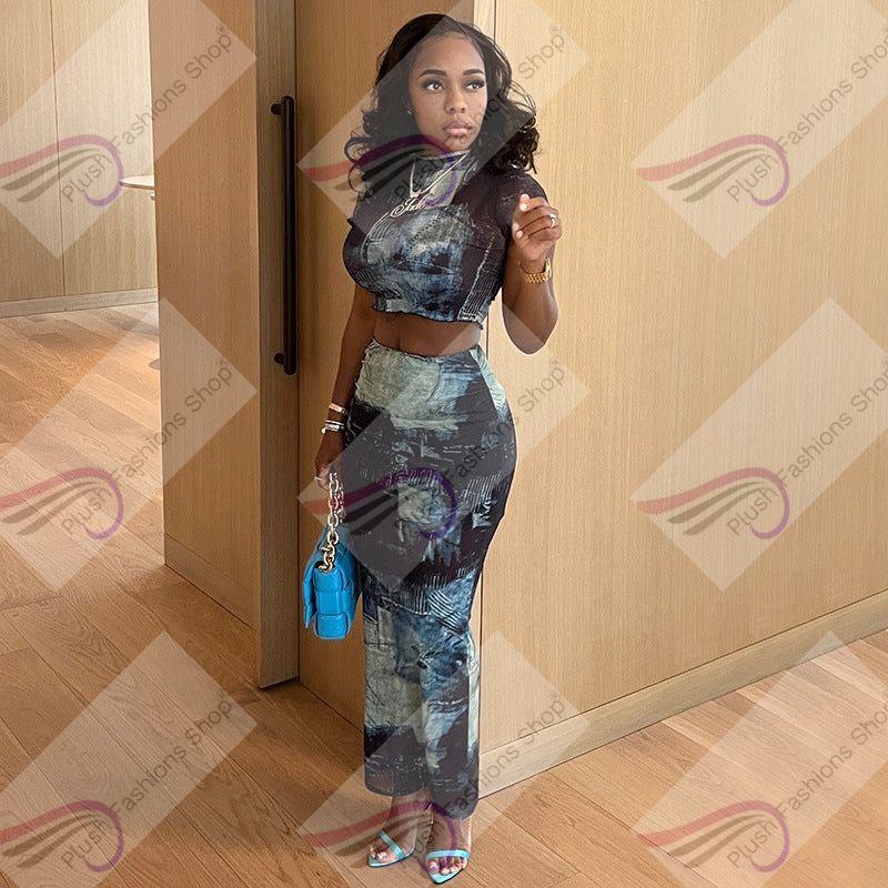 Women's Fashion Round Neck Midriff-baring T-shirt High Waist Hip Skirt Bottoming Casual Suit - Plush Fashions Shop 