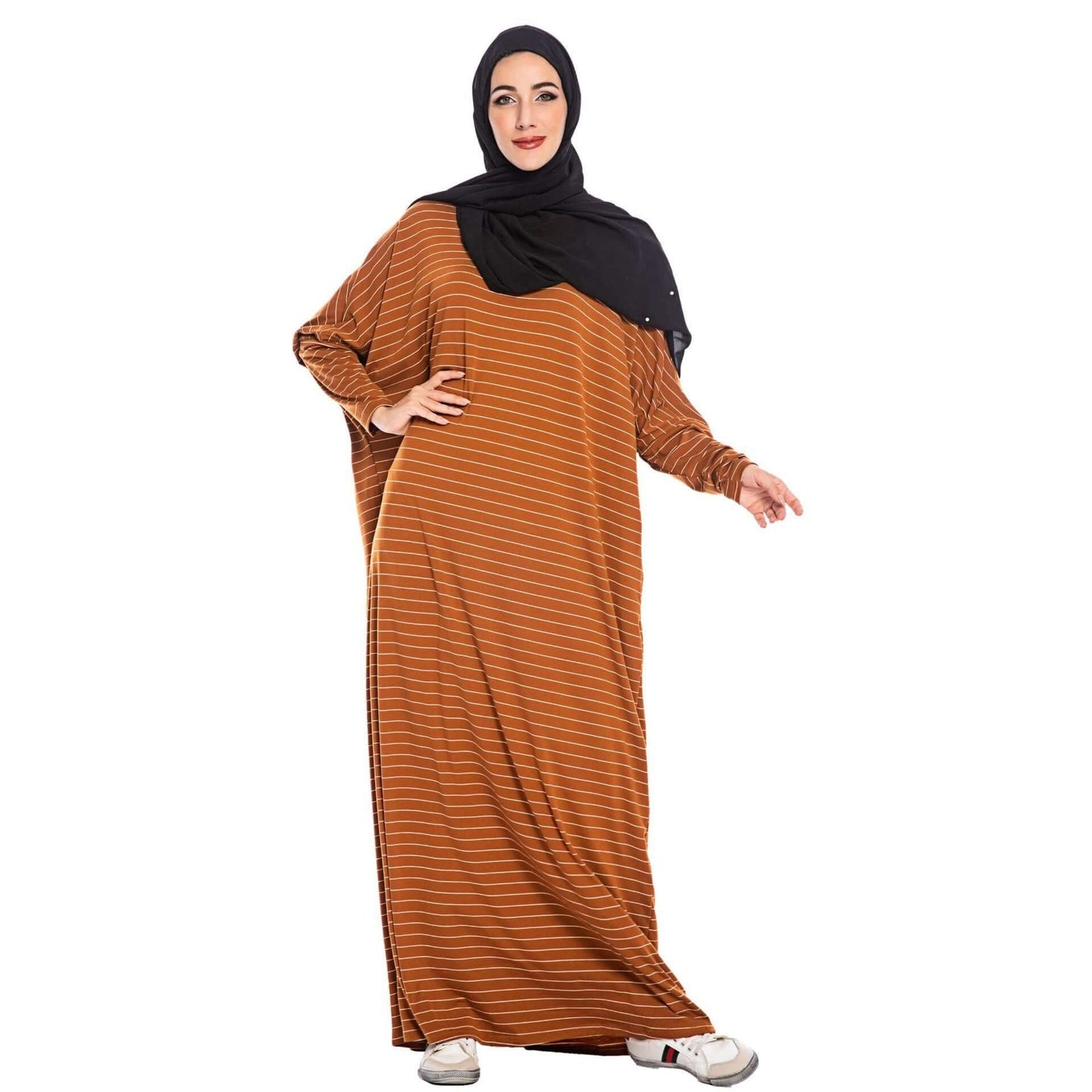 Large Women's Fashion Comfortable Bat Long Sleeve Stripe Casual Long Dress - Plush Fashions Shop 