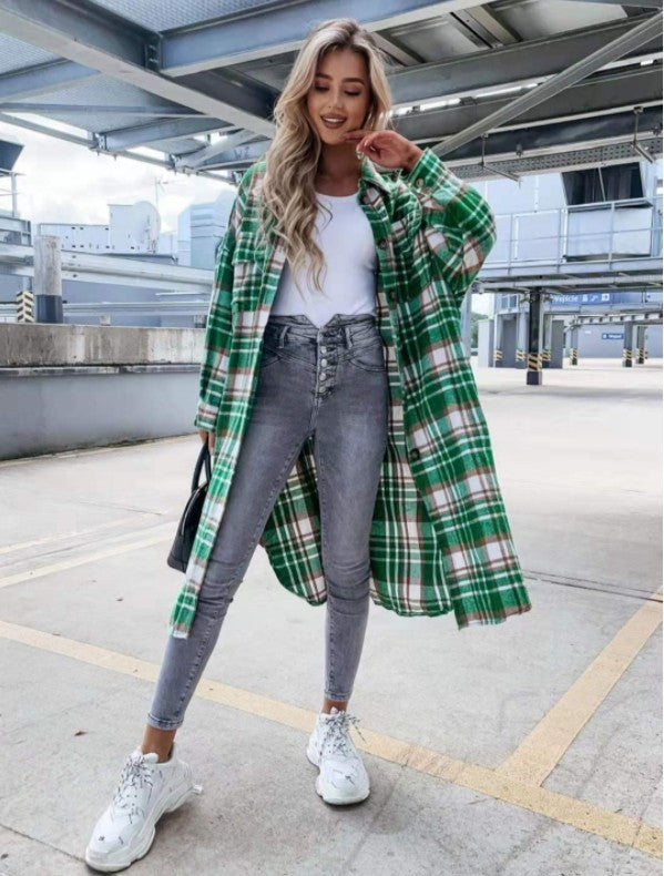 New Style Lengthened Plaid Shirt Women's Clothing - Plush Fashions Shop 