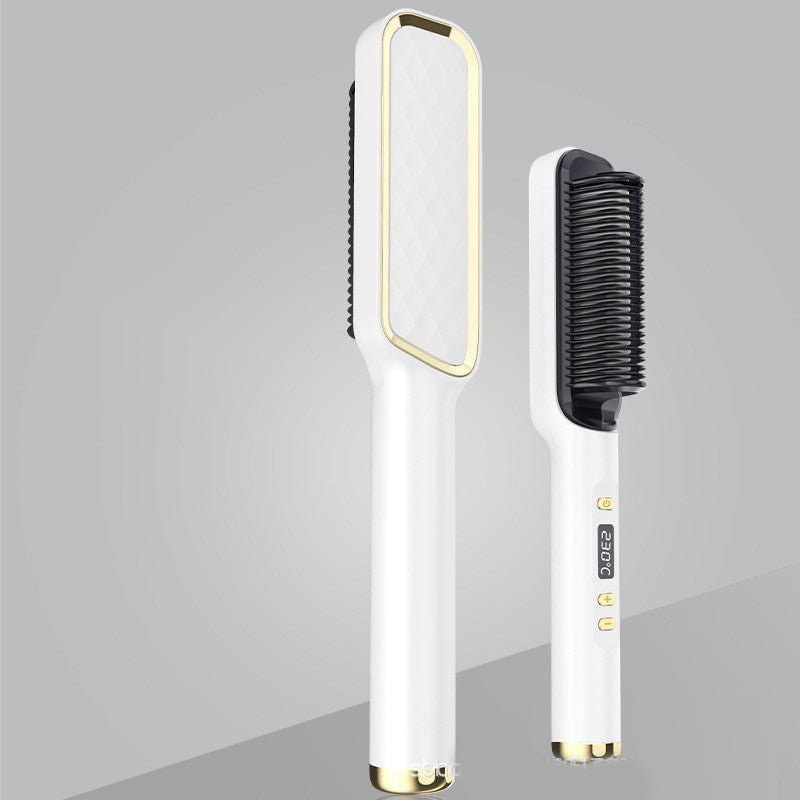 Profissional Hair Straightener Brush Electric Hot Comb in white with anti-scalding ceramic plates.