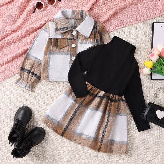 Turtleneck Plaid Dress Plaid Jacket Two-piece Set - Plush Fashions Shop 